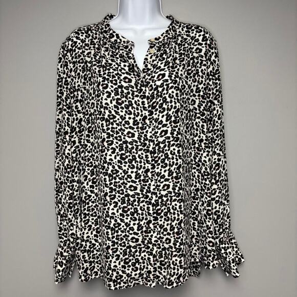 Ann Taylor LOFT Tops - Loft Leopard Print Collarless Long Sleeve Button Up Blouse Womens Sz XL